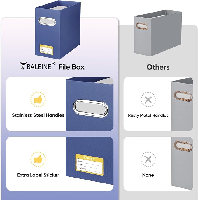 BALEINE File Organizer Box, Cardboard File Folder Organizer with Handle for Letter Size, Portable Collapsible Hanging Filing Box for Home Office Document Storage (8 Pack, Navy)
