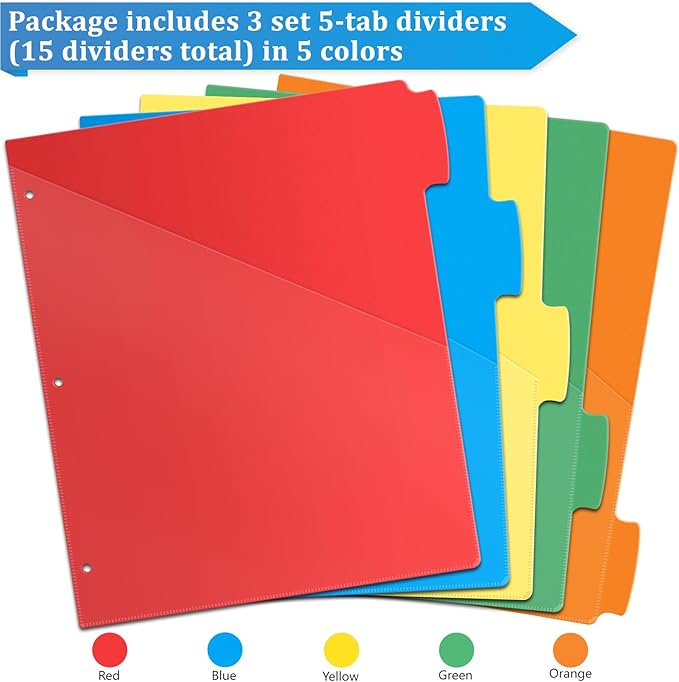 V-Opitos 5-tab Index Dividers with 3 Holes Punched, Set of 3 Plastic Dividers with Clear Front Pocket, Multicolor Dividers for 3 Ring Binders, 15 Pcs Dividers for School & Office Supplies