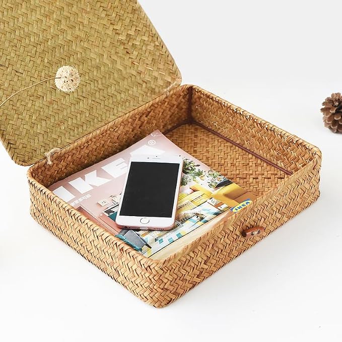 Seagrass Storage Baskets with Lids, Flat Wicker Basket, Shallow Woven Basket for Shelf, Decorative Storage Boxes for Organizing (Natural)
