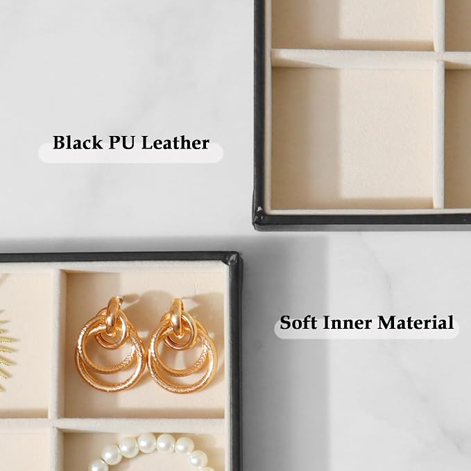 Large Jewelry Organizer Tray 2 Pack, Stackable Jewelry Storage Holder for Drawer Inserts, PU Leather Velvet Jewellery Display Case for Earring Bracelet Necklace Ring (Black Beige, 12 Grids)