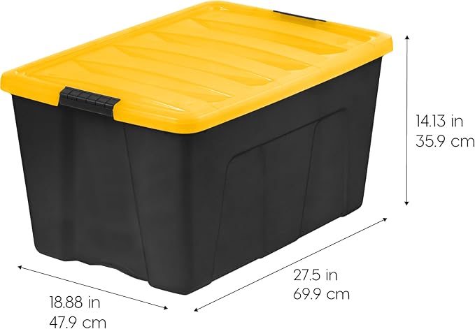 IRIS USA 94 Qt Stackable Plastic Storage Bins with Lids, 4 Pack - BPA-Free, Made in USA - Garage Organizing Solution, Latches, Durable Nestable Containers, Secure Pull Handle - Black/Yellow