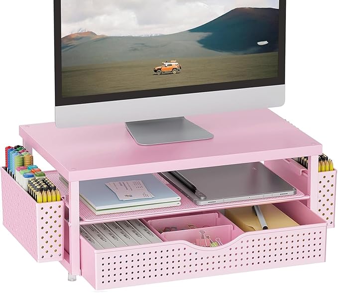 gianotter Desk Organizers and Accessories, Monitor Stand with Drawer and 2 Pen Holder, Desktop Organizer Suitable for Offices and Dormitories (Pink-Plain)