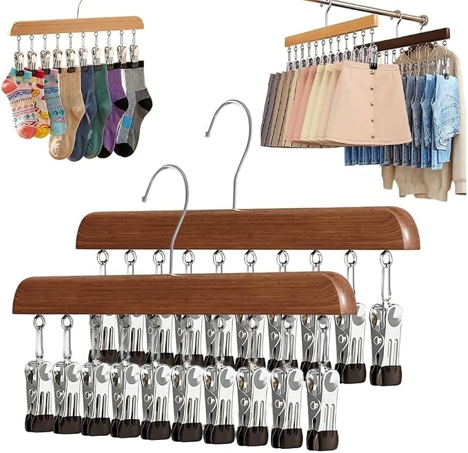 10/12-Clip Wooden Hanging Organizer, Sturdy Rack for Pants, Leggings, Socks, Hats, Scarves, Multi-Purpose Closet Storage for Home Use (2, Retro 10clip)