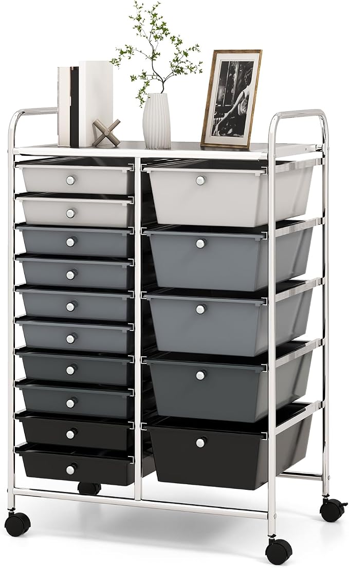 DREAMADE Rolling Cart with 15 Drawers, Rolling Drawer Organizer Cart w/Lockable Wheels, Removable & 2-Sized Storage Drawers, Art Cart for School Home Art Supplies Crafts File Scrapbook (Mixed-black)