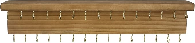 SANY DAYO HOME Jewelry Organizer with 30 Hooks and Cosmetics Shelf, 15 x 3 x 4 inches Wall Mounted Rustic Pine Wood Holder for Necklaces and Bracelets, Suitable for Kids and Adults (Brown)