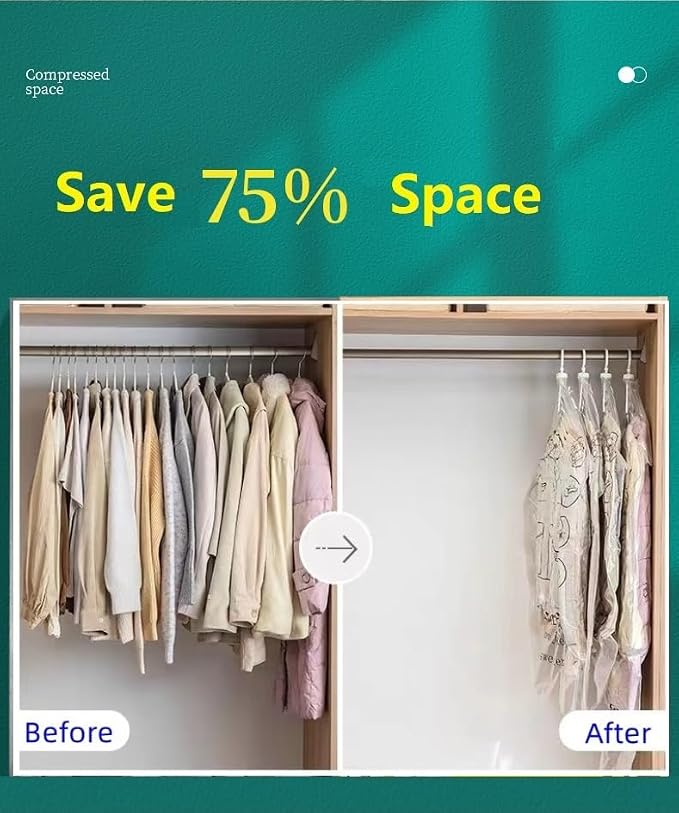 Hanging Vacuum Space Saver Bags 6 Pack, Closet Organizer Storage Bags, Vacuum Seal Clear Bags for Clothes, Suits, Dress or Jackets