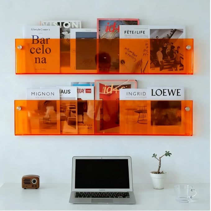 ROYALITA 2-Pack Acrylic Magazine Holder Brochure Holder, Orange 36 Inch | Record Magazine Rack, Fashion Floating Bookshelf, Literature Storage Rack for Waiting Room, Living Room, Office