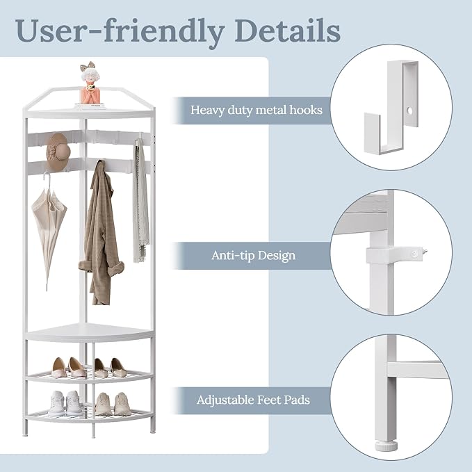 GiftGo Corner Hall Tree with Shoe Bench Entryway Coat Rack with 10 Metal Movable Hooks Freestanding Clothes Rack Shoes Shelf Organizer for Home Office Bedroom (White)