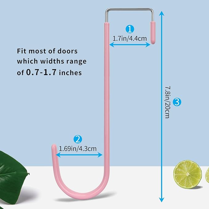 FYY Over the Door Hooks, Single-Hanger 4 Pack, Fits Doors 1.6" Pink | Heavy Duty Metal, Hold 20lbs, Rubber-Coated, No-Drilling, for Bathroom Dorm, Hanging Towels Clothes Hats Bags Coats Wreaths