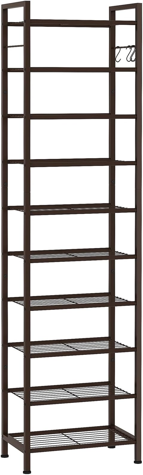 usikey 10 Tiers Narrow Shoe Rack 20-30 Pairs, Sturdy Metal Tall Shoe Rack Shelf with 4 Hooks, Slim Shoe Storage with Metal Shelf, Space Saving Vertical Shoe Organizer for Closet Entryway, Bronze