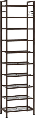 usikey 10 Tiers Narrow Shoe Rack 20-30 Pairs, Sturdy Metal Tall Shoe Rack Shelf with 4 Hooks, Slim Shoe Storage with Metal Shelf, Space Saving Vertical Shoe Organizer for Closet Entryway, Bronze