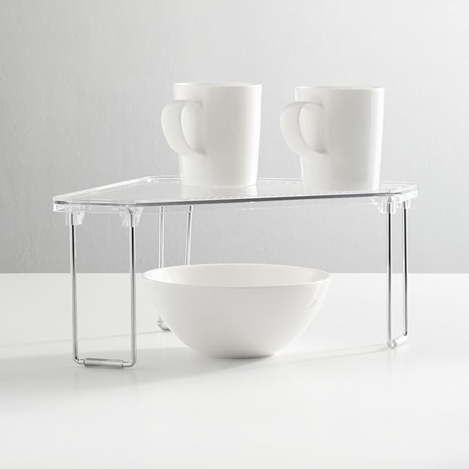 mDesign Plastic/Steel Freestanding Foldable Corner Stackable Organizer Shelf for Kitchen, Counter, Pantry, Cabinet Storage, Holds Plates, Dishes, Ligne Collection, Clear