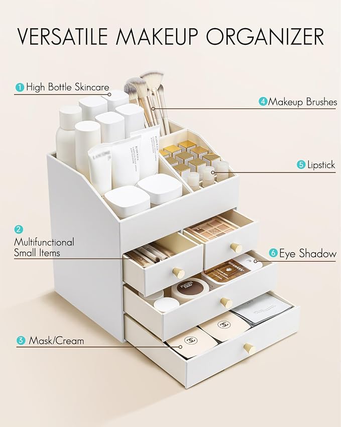 VLANDO Makeup Organizer,Vanity Organizer with Drawers, PU Leather Skincare Organizer Perfume Organizer,Large Cosmetic Display Case for Lipstick,Brushes Gifts for Women, White, 4 Layer