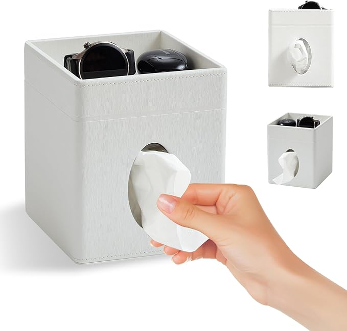 Tissue Box Holder Cover, Modern PU Leather Square Decorative Tissue Holder Organizer-Woven New Off White