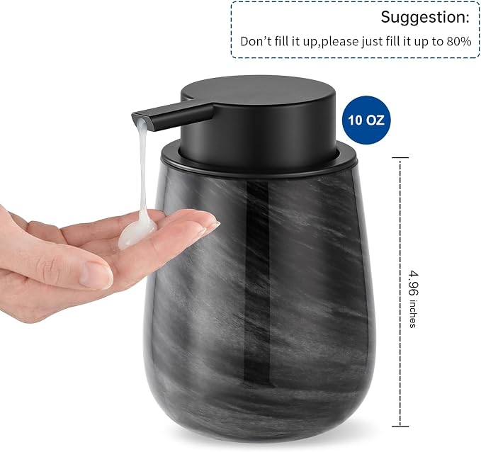 Marble Glass Liquid Soap/Lotion/Hand Sanitizer Pump Dispenser, Refillable for Kitchen and Bathroom Countertop (Black)