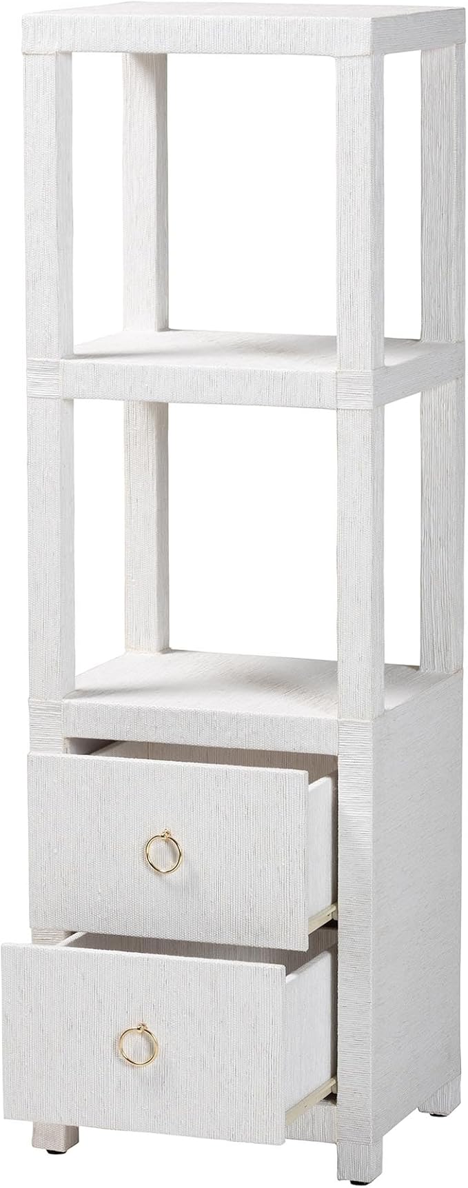 Bali & pari Xavier Grasscloth Tall Storage Cabinet - Woven Accent Displaying Tower Bookcase with Open Shelves and Drawers, Space-Saving Organizer for Living Room, Bedroom, or Entryway