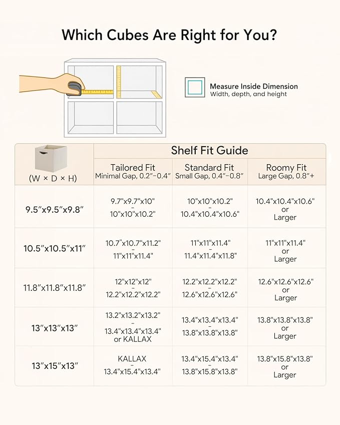 Cube Storage Bins | 11.8"x11.8"x11.8", Beige, 6 Pack | Multi-Size | 2X Thick Support Board | Vegan Leather Handles | 7.7 oz/yd² Fabric | 12"x12" Drawer Insert Basket