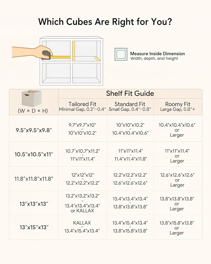 Cube Storage Bins | 13"x13"x13", Beige, 6 Pack | Multi-Size | 2X Thick Support Board | Vegan Leather Handles | 7.7 oz/yd² Fabric | 13"x13" Drawer Insert Basket