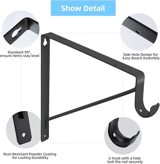 4-Pack Closet Rod Bracket, 10.8x10.8Inch Closet Shelf Brackets Heavy Duty Wall Mounted, Matte Black Steel Closet Rod Support Brackets Holder, 300 Lbs Load Capacity with Anchors Screws