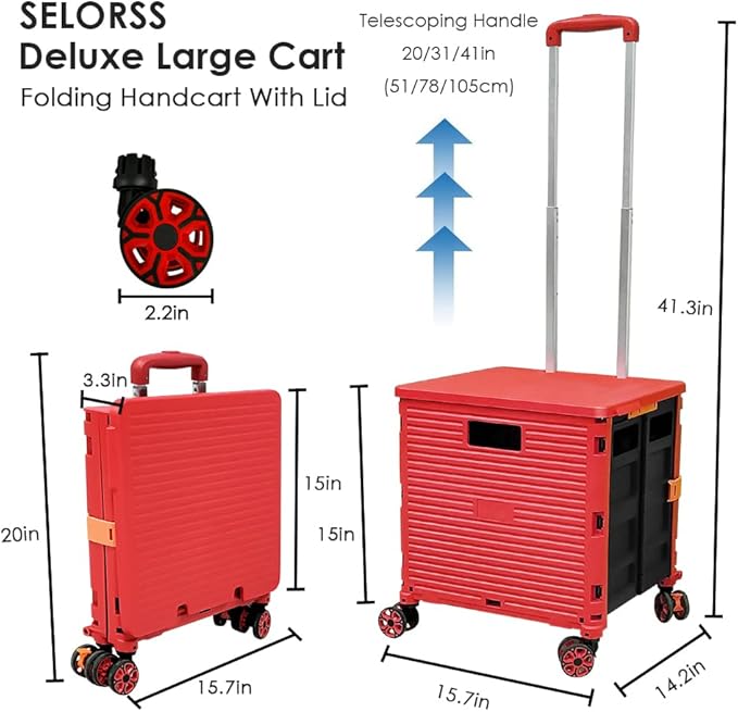 SELORSS Foldable Utility Cart Portable Collapsible Crate Rolling Carts with Wheels Rolling Tote Basket Teacher Cart with Lid Wear-Resistant 360°Rotate Wheel Noiseless for Shopping Storage Office Use