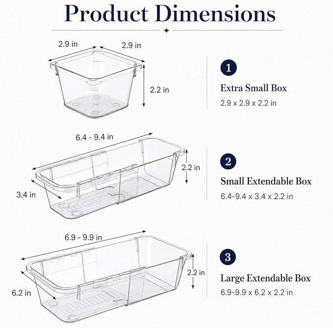 14 Pcs Extendable Clear Drawer Organizer, Adjustable Plastic Storage Bins, 3-Size Transparent Drawer Organizer Storage Tray for Makeup, Cosmetics, and Gadgets