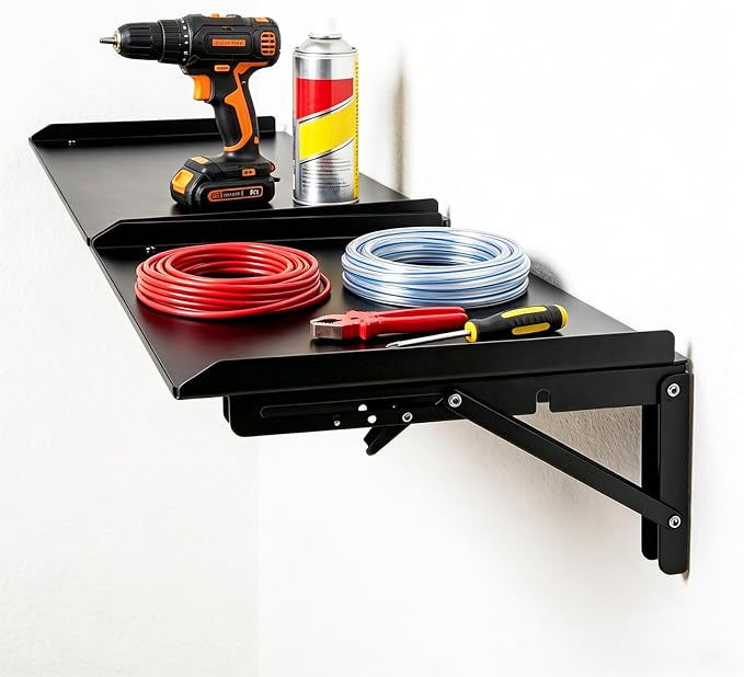 Folding Metal Floating Shelf, 16.9" x 11" Wall Mount Storage Rack with Lip, Heavy Duty Steel Fold Down Shelf for Garage, Kitchen, Bedroom, Office (Black)