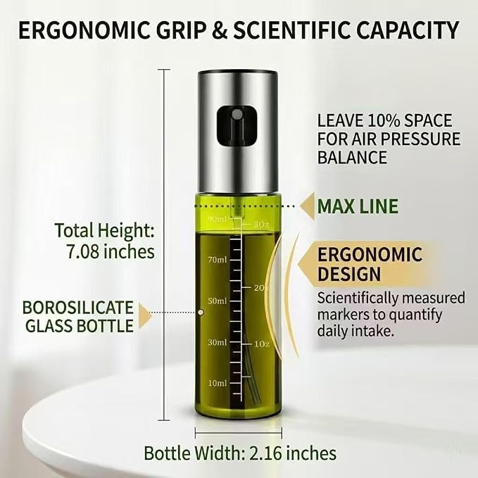 Oil Sprayer for Cooking - Olive & Avocado Oil Spray Bottle, 100ml Food Grade Glass Mister with Adjustable Nozzle for Kitchen Gadgets, Air Fryer, Salad, Frying, BBQ (2PCS)