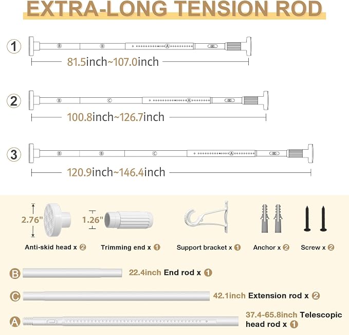White Tension Curtain Rod 41-146In(4-12Ft), Extra Long Outdoor Curtain Rod No Drilling for Window or Bathroom Patio, Adjustable Heavy Duty Shower Rod,Rod Diameter 1.26In-One-bond stretching