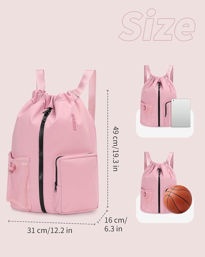 WANDF Drawstring Backpack with Shoe Compartment, Sports Gym Bag | Multi-Pocket Storage, Water-Resistant Fabric, Cinch String Bag
