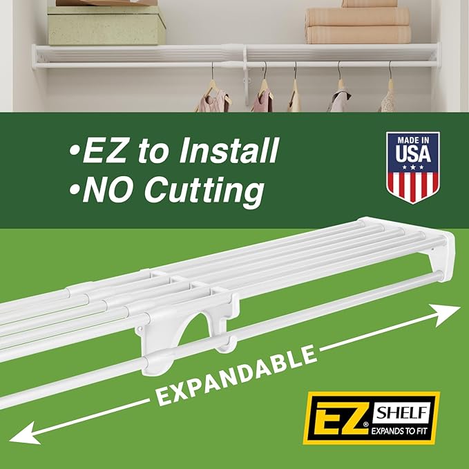 EZ SHELF - Hanging Shelf - Closet Rod - Expands 63.3-118” - White, Closet Shelves - Strong, Holds 200 lbs - DIY, Easy Install - to 2 Side Walls - Alternative to Wire Shelving