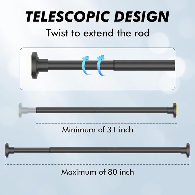 Black Shower Curtain Rod Tension 30 to 80 Inch,1 Inch Diameter Adjustable Tension Curtain Rod No Drilling,Shower Rods for Bathroom,No Rust