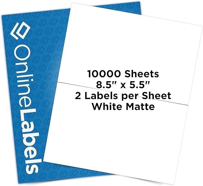 8.5 x 5.5 Half-Sheet Shipping Labels - Permanent, White Matte - for FBA, FedEx, UPS - Pack of 20,000 Labels, 10,000 Sheets - Inkjet/Laser Printers - Online Labels