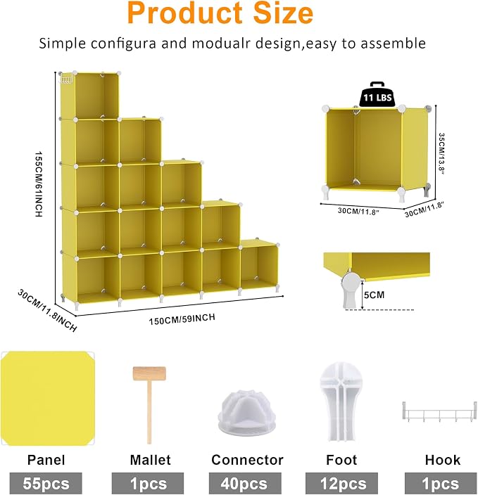 AWTATOS Cube Storage Organizer, Closet Organizers Storage Shelf, 16 Cube | DIY Stackable Storage Cube Shelves, Plastic Clothes Organizer Shelving for Bedroom, Home Office, Yellow