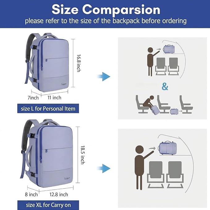 Taygeer Large Travel Backpack for Men Women, 35L Carry On Backpack | Airline Approved Personal Item Travel Bag with Water Bottle Pocket & Shoe Pouch, Laptop Backpack for Gym Hiking, Gray Blue
