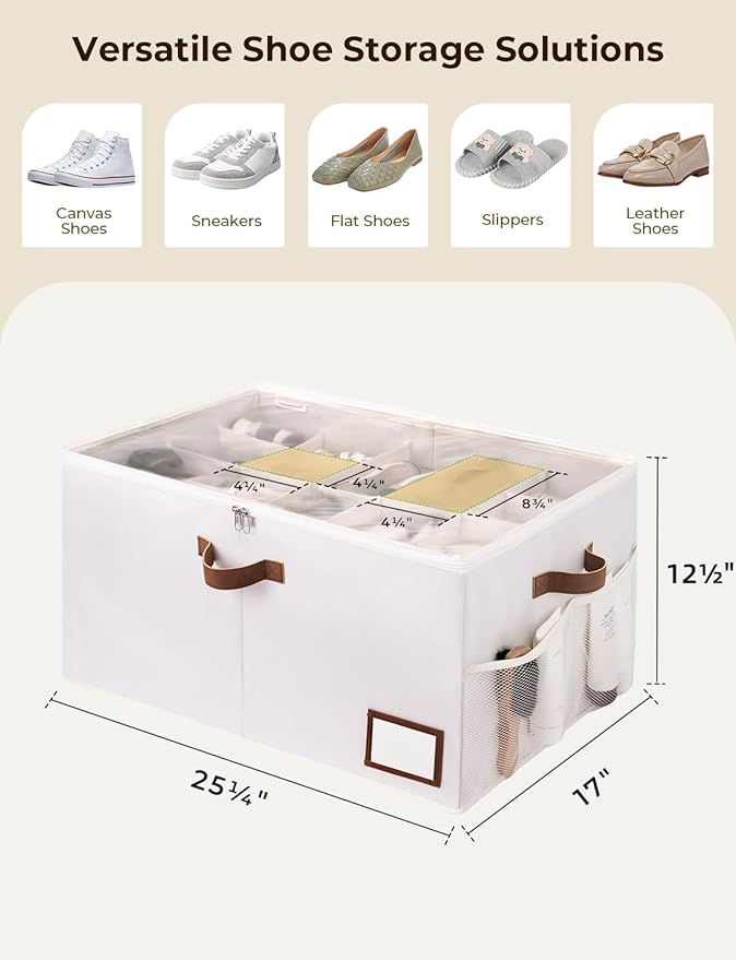 StorageWorks Large Shoe Storage for Closet, 16 Shoe Cubbies, Beige | Up to 20 Pairs, Fixed Compartments, Clear Lid, Label Window, Side Mesh Pocket, Soft Handles, Fits Flats, Sandals, For Mudroom