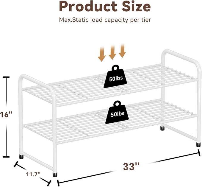 2 Pack 2-Tier Shoe Rack, 33" Wide Shoe Shelf Storage Organizer for Entryway, Closet, Large Capacity, Metal Wire Grid, White