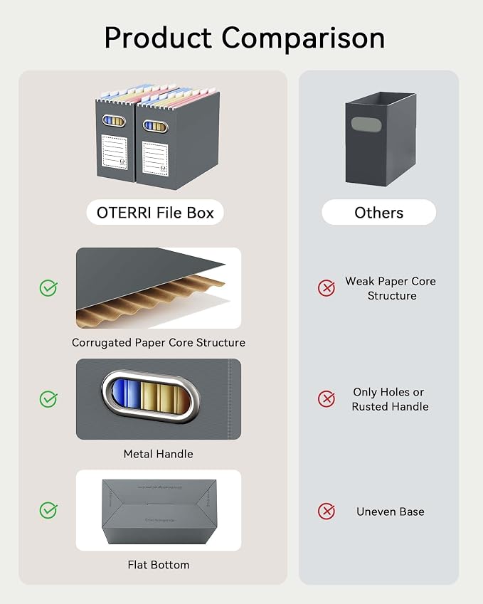 Oterri File Organizer Box, Portable Collapsible Cardboard File Folder Organizer with Handle for Letter Size Hanging Files, Document Storage Box for Home Office & Classroom (6 Packs, Dark Grey)