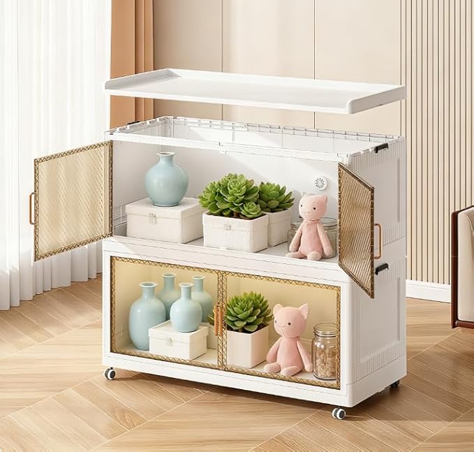 472QT Stackable Storage Bins with Lid,118Gal Closet Organizers and Plastic Cabinets Shelves, Collapsible Drawers, Foldable Boxes with Wheels for Home Office, 3Pack (Clear Door, 31inch)