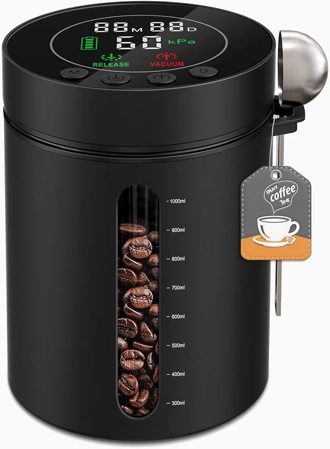 Automatic Vacuum Coffee Canister, 1.3L Coffee Container with LED Display | Smart Pressure Sensor,Window,Scoop Rechargeable Airtight Electric Coffee Bean Storage for Home Kitchen Ground Food Storage