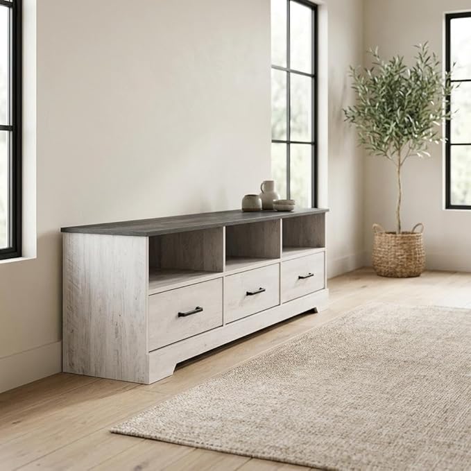 Furnifact Washed White Farmhouse TV Stand with Storage Cabinet and Shelves, Laminate Engineered Wood Entertainment Center with Rustic Design for Living Room