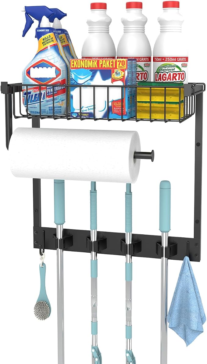Broom Holder Wall Mount, Broom and Mop Organizer Wall Hanging with Paper Towel Holder & Removable Anti-fall Basket, Wall Mount Cleaning Supplies Organizer for Laundry Room, Apartment, Utility Room