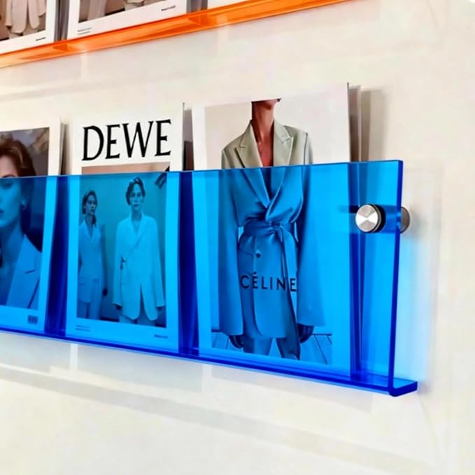 ROYALITA 2-Pack Acrylic Magazine Holder Brochure Holder, Blue 36 Inch | Record Magazine Rack, Fashion Floating Bookshelf, Literature Storage Rack for Waiting Room, Living Room, Office