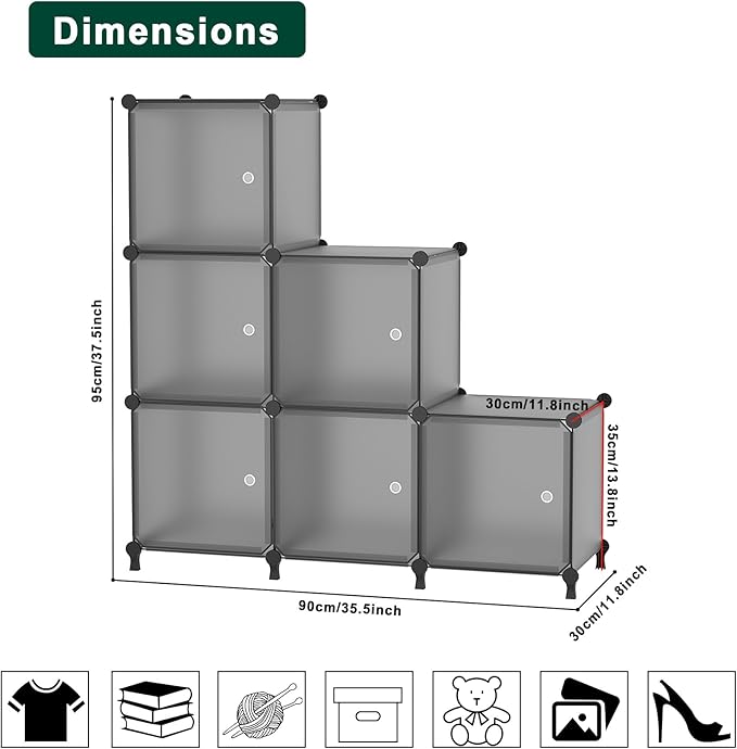 6-Cube Storage Unit with Doors, Cube Organizer for Bedroom, Wardrobe & Under Stairs, 30x30x30cm Compartments, Space-Saving Closet Storage, Grey ATTSL6004