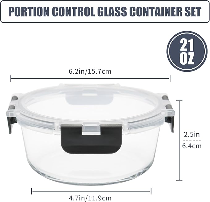 6 Pack, 21oz Round Glass Food Storage Containers with Airtight Lids, Grey | Portion Control Containers Set, Ideal for Meal Prep, Leftovers, Freezer to Microwave Safe