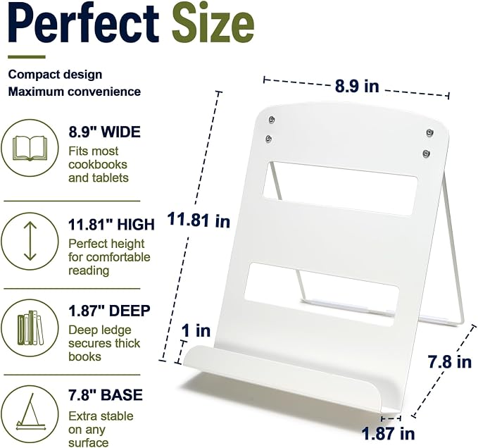 Cookbook Stand for Kitchen Counter,Metal Recipe Book Holder with Hooks,Foldable Reading Rack for Textbooks,Tablets and Magazines,Space Saving Carbon Steel Stand with Non Slip Pads,White