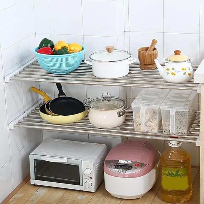Closet Tension Shelf DIY Divider Metal Expandable Rod Adjustable Closet Shelves Organizer Scalable Layered Separators for Cabinet Storage Locker Clothes (14.2'' Wide,21.6''-35.4'' Long)
