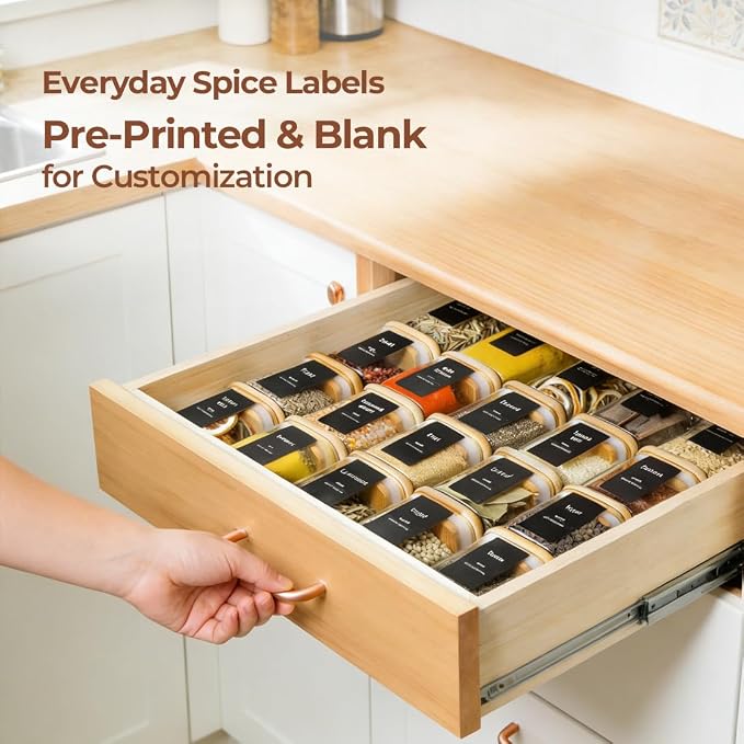 ComSaf Glass Spice Jars with Labels 4 oz 16 Pack Small Square Bamboo Lids | Empty Containers, Seasoning Herbs Powders, Salt Pepper Chili, Spice Rack Organization, Kitchen Cabinet Storage, Dry Goods