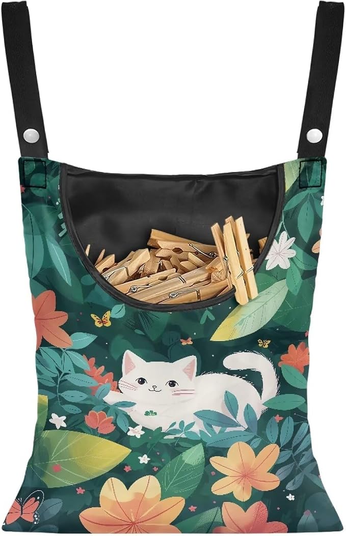 White Cat Clothes Pin Bag to Hang On Line Reusable Clothespin Holder Laundry Room Clothespin Holder with Large Opening Space-Saving Clothespin Storage Solution