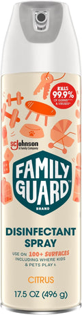 FamilyGuard Disinfectant Spray Aerosol, Antibacterial & Sanitizing Spray, Use on 100+ surfaces including where kids & pets play, Citrus Scent, 17.5 oz (Pack of 1)
