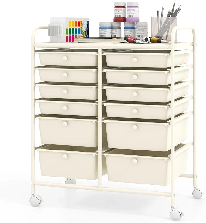 DREAMADE Rolling Cart with Storage Drawers, Utility Cart with Removable Plastic Drawers, Lockable Wheels, Art Cart for Classroom Organization Art Supplies Office Scrapbook (12 Drawers, White)